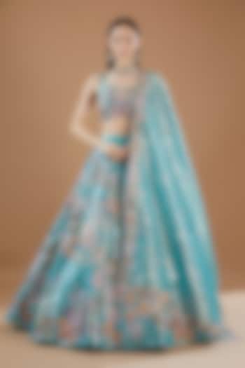 Blue Tissue Embellished Lehenga Set by Aisha Rao