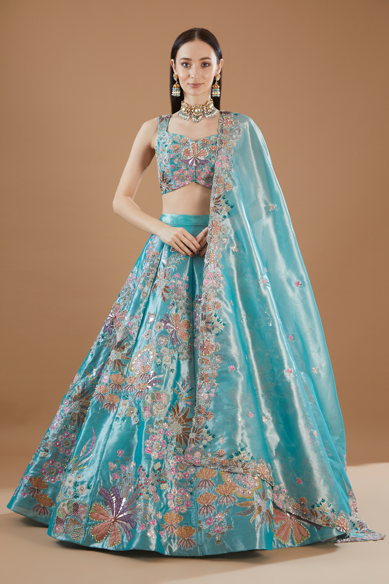 Blue Tissue Embellished Lehenga Set by Aisha Rao