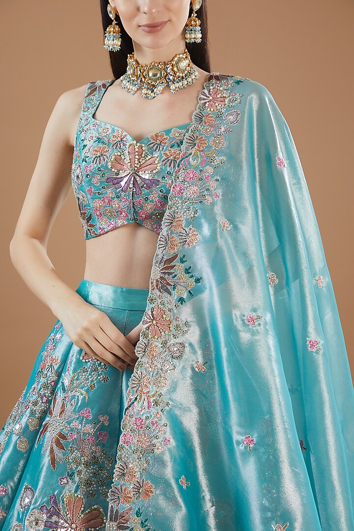 Blue Tissue Embellished Bridal Lehenga Set by Aisha Rao at Pernia's Pop Up Shop