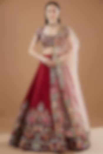 Maroon Raw Silk Embellished Lehenga Set by Aisha Rao