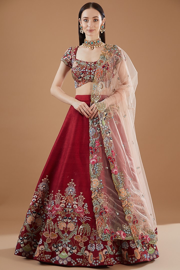 Maroon Raw Silk Embellished Lehenga Set by Aisha Rao