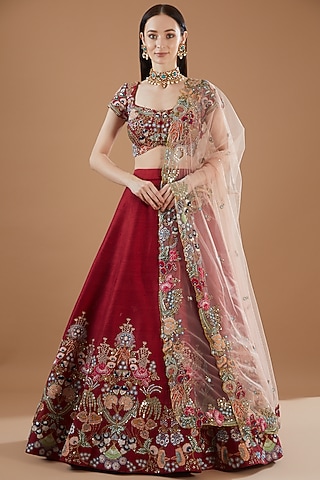 Maroon Raw Silk Embellished Lehenga Set by Aisha Rao