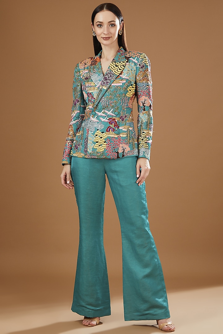 Turquoise Silk Printed Blazer Set by Aisha Rao