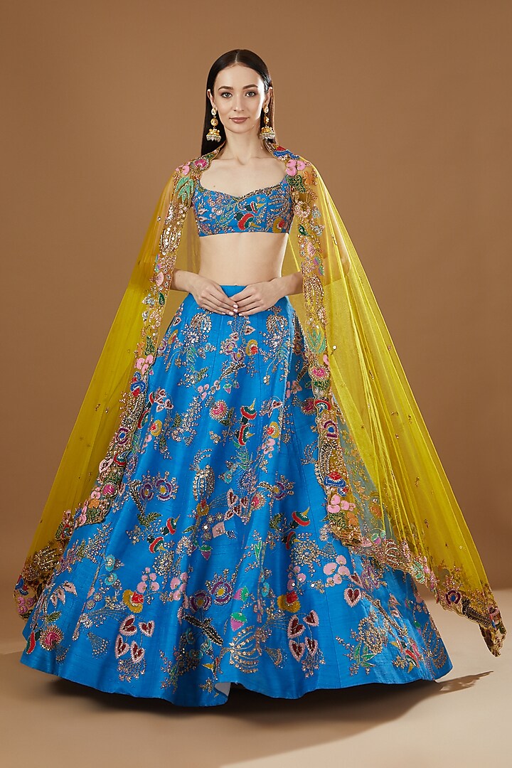 Cyan Blue Raw Silk & Brocade Embellished Lehenga Set by Aisha Rao
