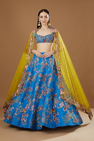Cyan Blue Raw Silk & Brocade Embellished Lehenga Set by Aisha Rao