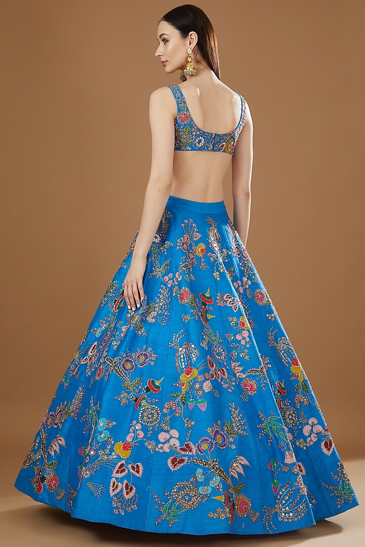 Cyan Blue Raw Silk & Brocade Embellished Bridal Lehenga Set by Aisha Rao at Pernia's Pop Up Shop