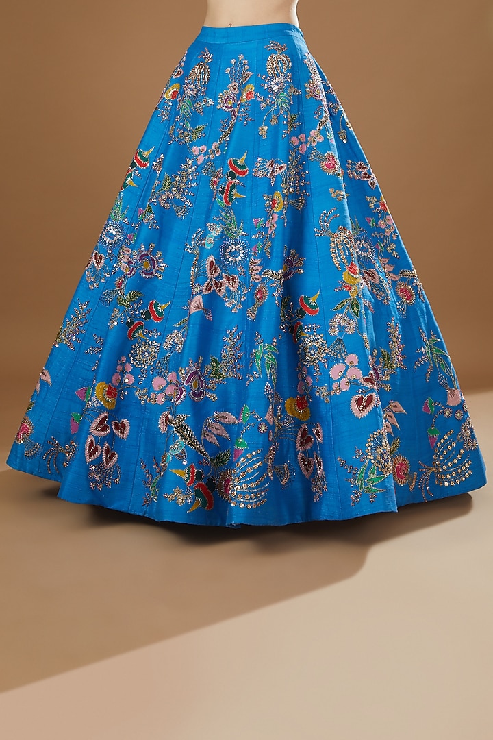Cyan Blue Raw Silk & Brocade Embellished Bridal Lehenga Set by Aisha Rao at Pernia's Pop Up Shop
