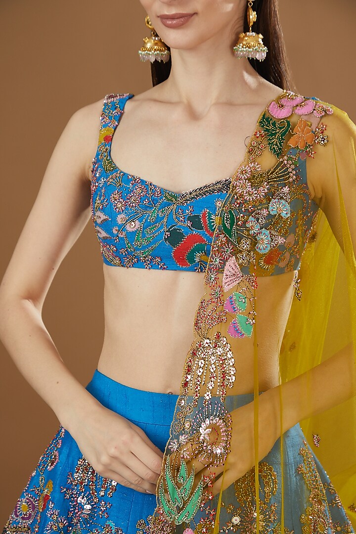 Cyan Blue Raw Silk & Brocade Embellished Bridal Lehenga Set by Aisha Rao at Pernia's Pop Up Shop