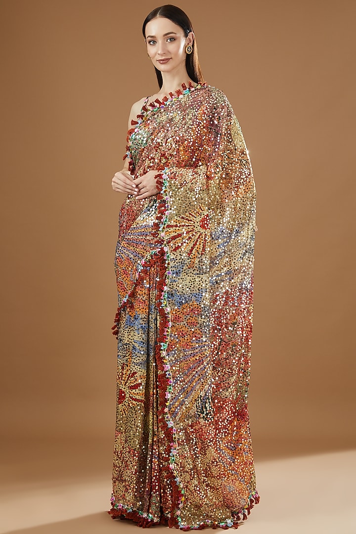Multi-Colored Georgette Sequined Saree Set by Aisha Rao