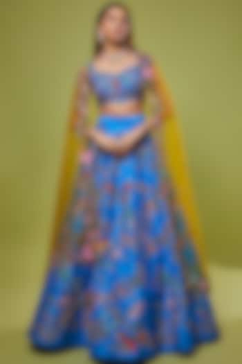 Cyan Blue Raw Silk Embellished Lehenga Set by Aisha Rao