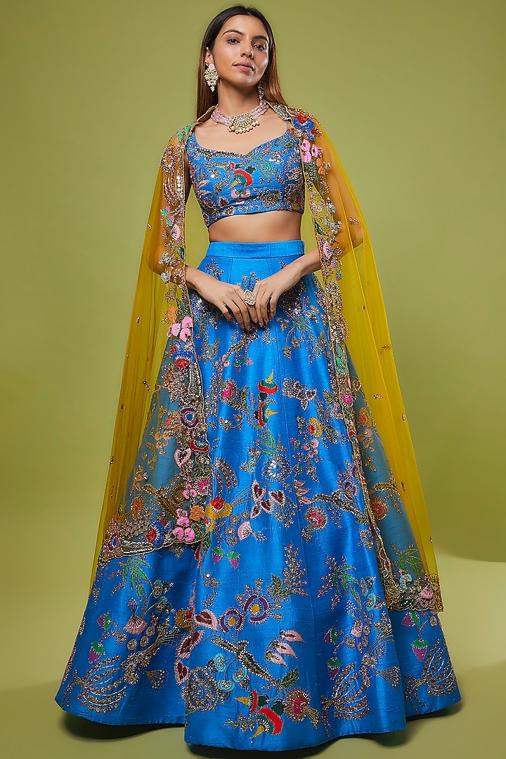 Cyan Blue Raw Silk Embellished Lehenga Set by Aisha Rao