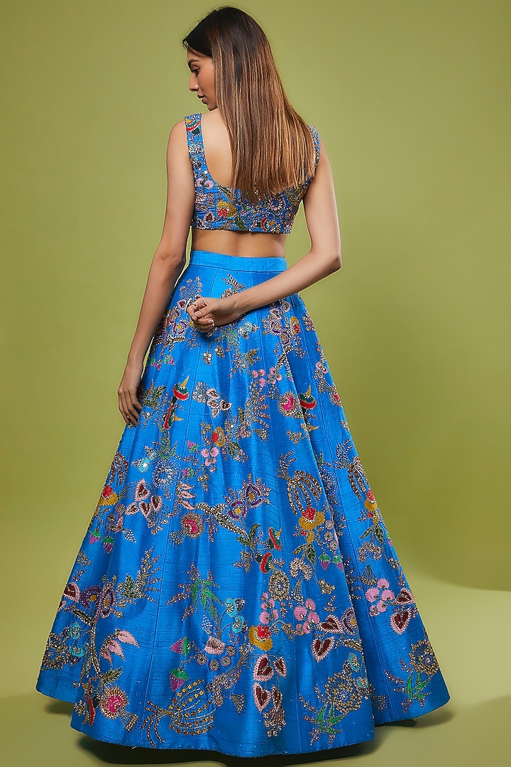 Cyan Blue Raw Silk Embellished Bridal Lehenga Set by Aisha Rao at Pernia's Pop Up Shop