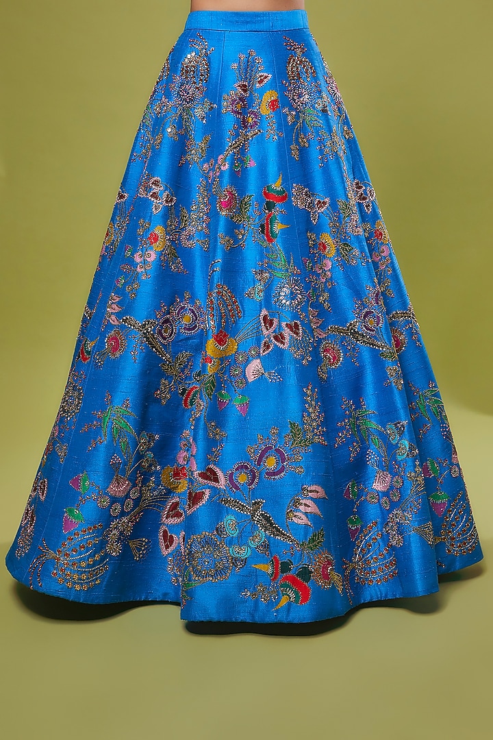 Cyan Blue Raw Silk Embellished Bridal Lehenga Set by Aisha Rao at Pernia's Pop Up Shop
