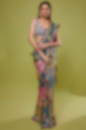Multi-Colored Georgette Embroidered Saree Set by Aisha Rao