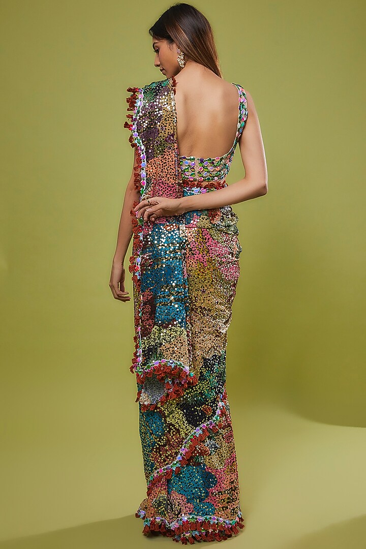 Multi-Colored Georgette Embroidered Bridal Saree Set by Aisha Rao at Pernia's Pop Up Shop