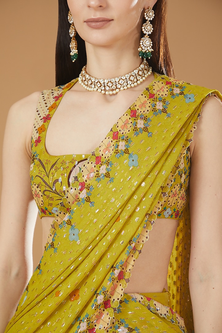 Lime Georgette Lurex Printed Wedding Lehenga Set by Aisha Rao at Pernia's Pop Up Shop