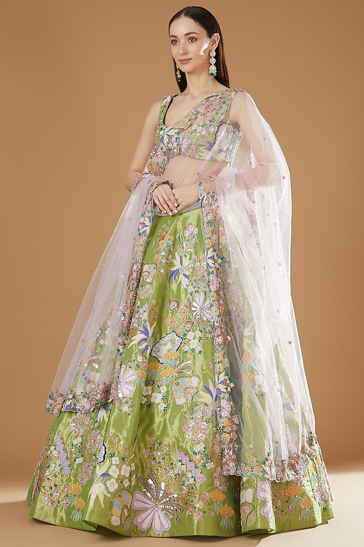 Lime Green Tissue Trencadis Embellished Bridal lehenga for 22 Lehenga Set by Aisha Rao at Pernia's Pop Up Shop