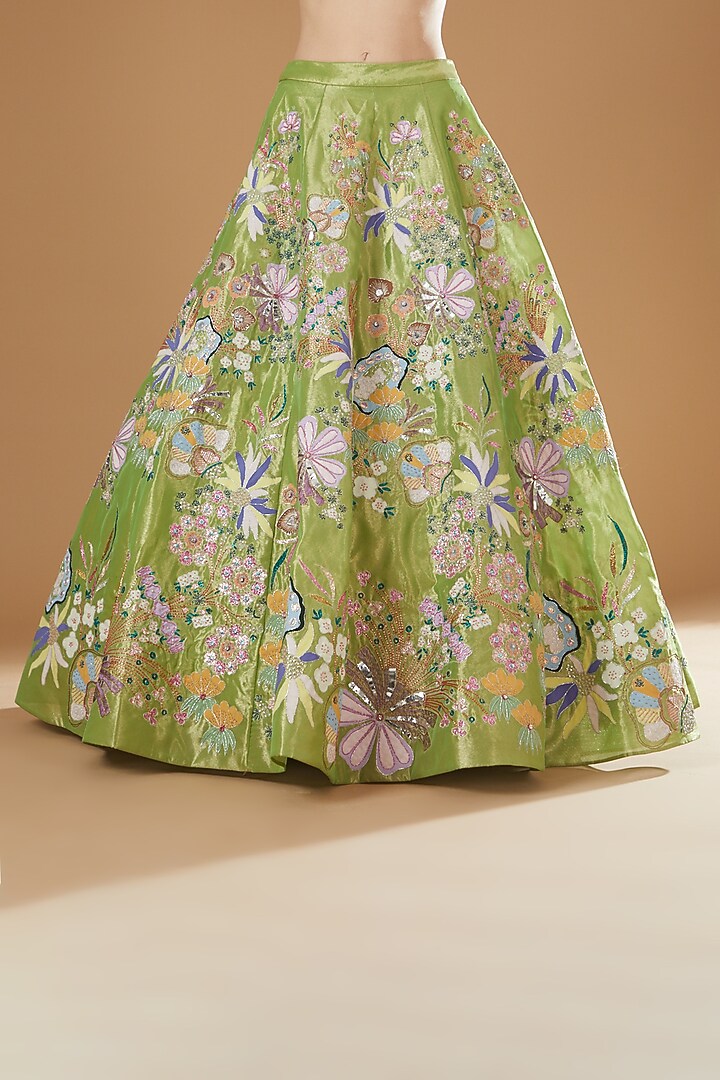 Lime Green Tissue Trencadis Embellished Bridal Lehenga Set by Aisha Rao at Pernia's Pop Up Shop