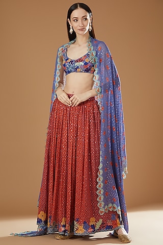 Orange Georgette Lurex Printed Lehenga Set by Aisha Rao