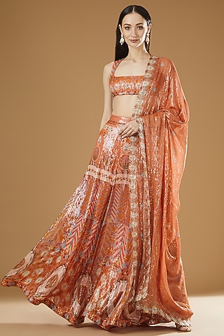 Peach Georgette Lurex Printed Lehenga Set by Aisha Rao