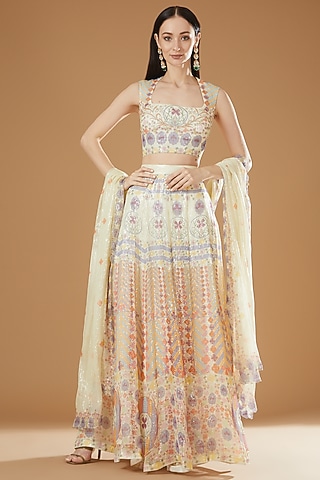Ivory Organza Printed Lehenga Set by Aisha Rao