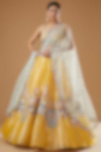 Yellow Tissue Printed Bridal Lehenga Set by Aisha Rao at Pernia's Pop Up Shop