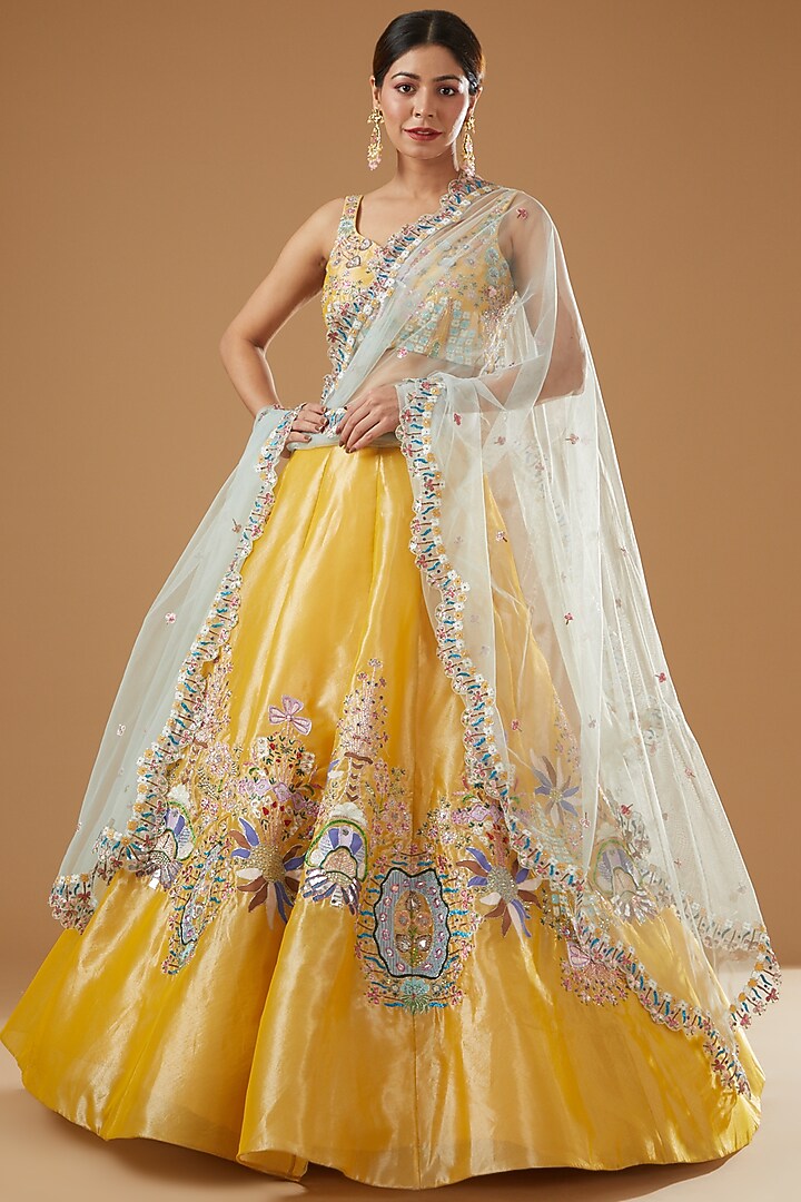 Yellow Tissue Printed Bridal Lehenga Set by Aisha Rao at Pernia's Pop Up Shop