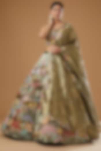 Mehendi Green Tissue Embellished Kalidar Bridal Lehenga Set by Aisha Rao at Pernia's Pop Up Shop