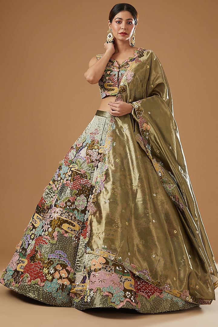 Mehendi Green Tissue Embellished Kalidar Bridal Lehenga Set by Aisha Rao at Pernia's Pop Up Shop