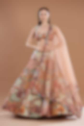 Peach Kasab Satin Printed & Embellished Bridal Lehenga Set by Aisha Rao at Pernia's Pop Up Shop