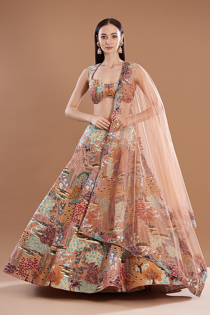 Peach Kasab Satin Printed & Embellished Bridal Lehenga Set by Aisha Rao at Pernia's Pop Up Shop