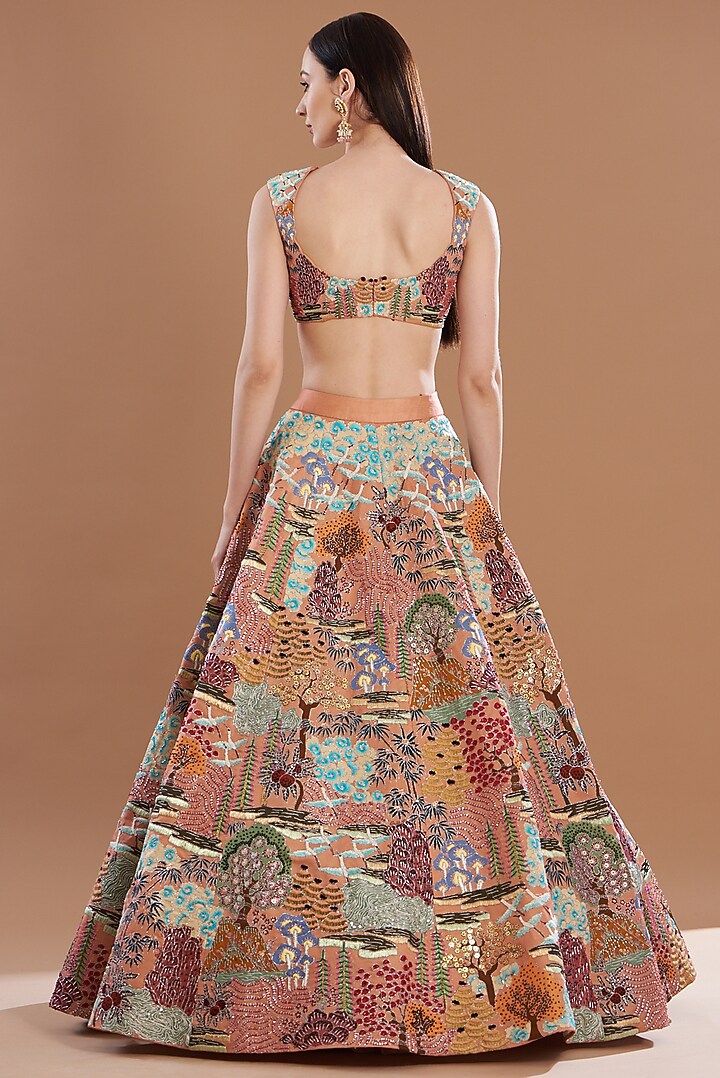 Peach Kasab Satin Printed & Embellished Bridal Lehenga Set by Aisha Rao at Pernia's Pop Up Shop