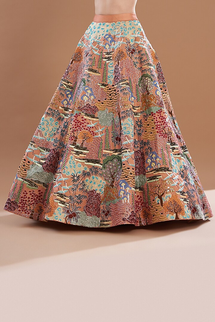 Peach Kasab Satin Printed & Embellished Bridal Lehenga Set by Aisha Rao at Pernia's Pop Up Shop
