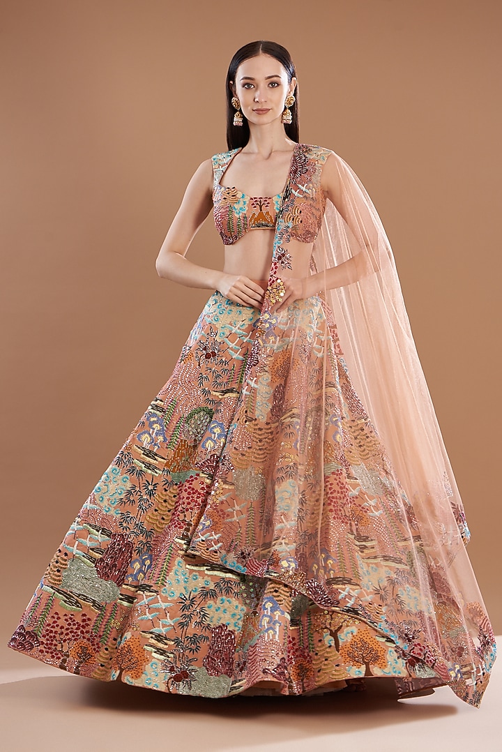 Peach Kasab Satin Printed & Embellished Bridal Lehenga Set by Aisha Rao at Pernia's Pop Up Shop