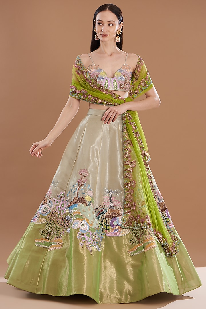 Ivory & Lime Tissue Embellished Lehenga Set by Aisha Rao