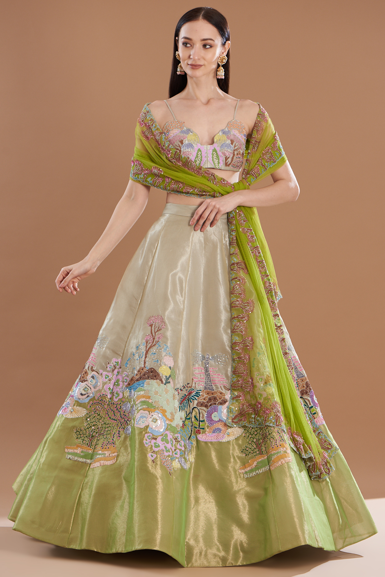 Ivory & Lime Tissue Embellished Lehenga Set by Aisha Rao