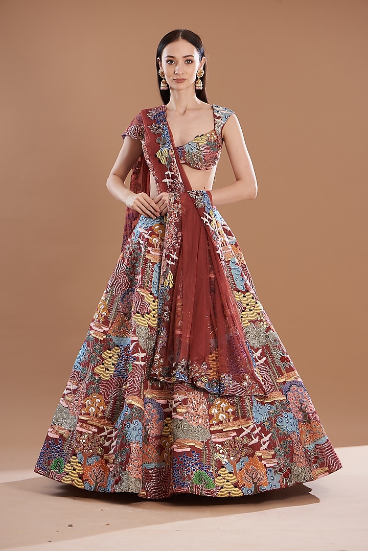 Maroon Kasab Satin Printed & Embellished Lehenga Set by Aisha Rao