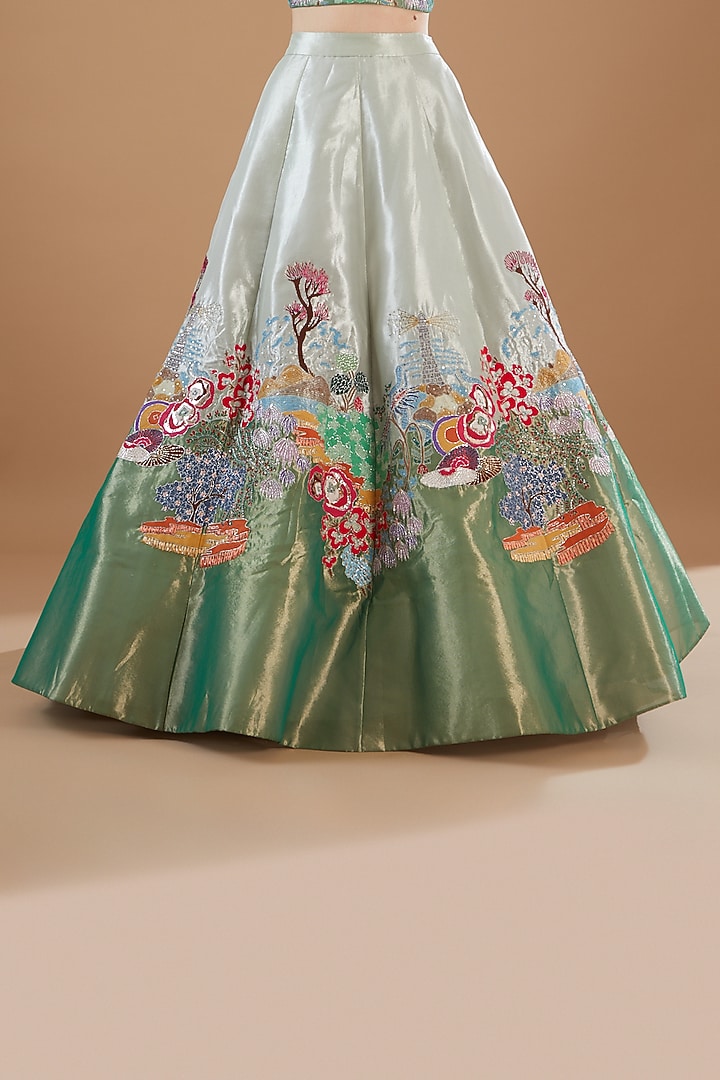 Ivory & Green Tissue Embellished Bridal Lehenga Set by Aisha Rao at Pernia's Pop Up Shop