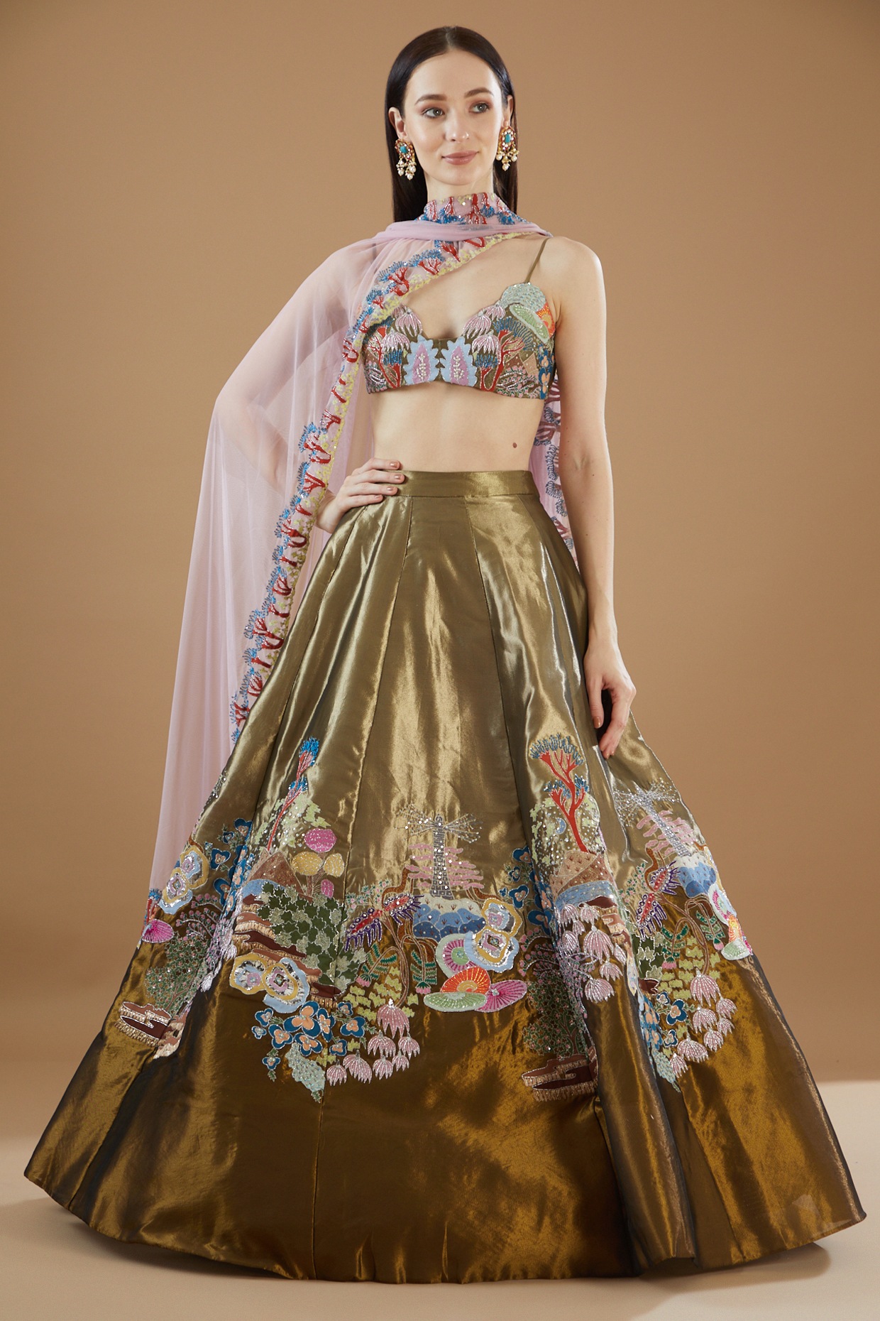 Copper Tissue Mirror Geometry Lehenga Set