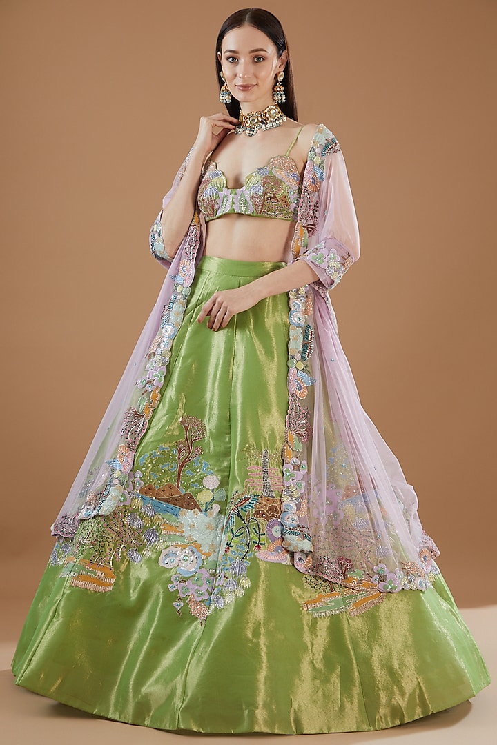 Green Tissue Embellished Lehenga Set by Aisha Rao
