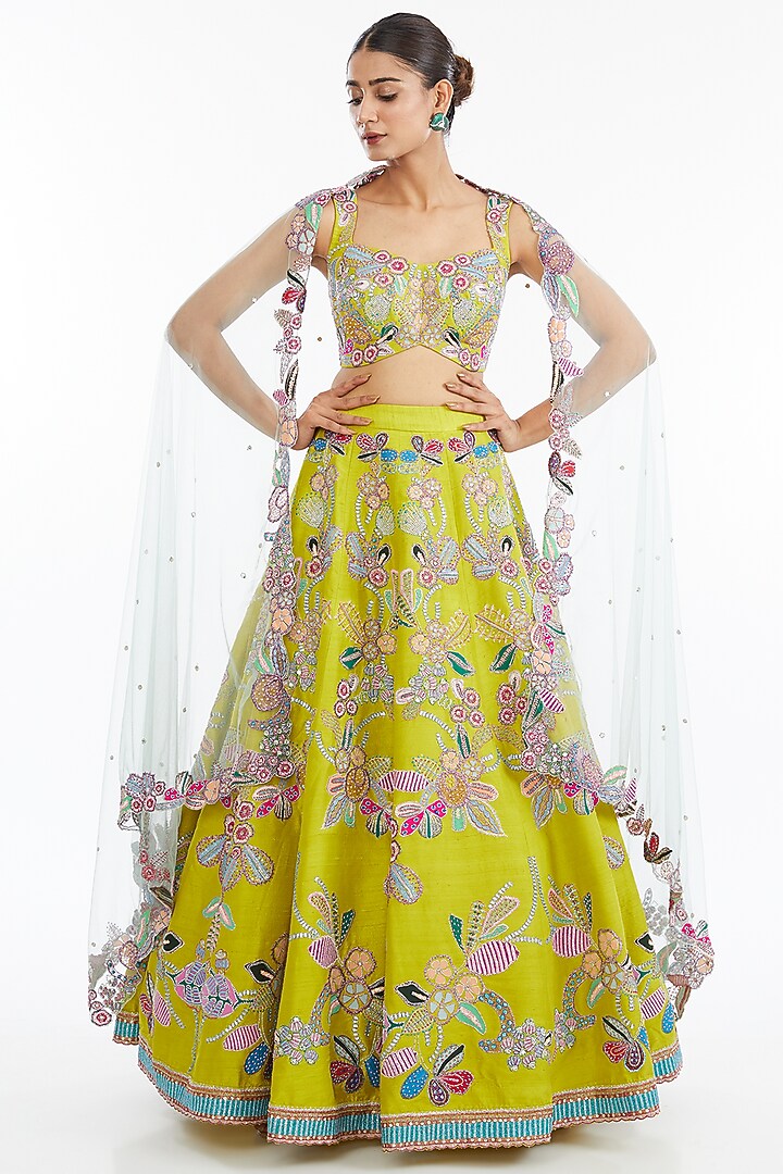 Lime Raw Silk Applique Embellished Bridal lehenga for 22 Lehenga Set by Aisha Rao at Pernia's Pop Up Shop