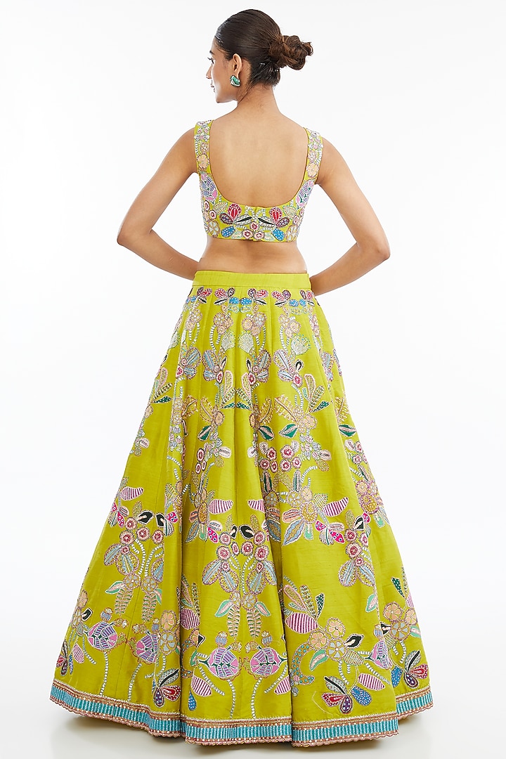 Lime Raw Silk Applique Embellished Bridal Lehenga Set by Aisha Rao at Pernia's Pop Up Shop