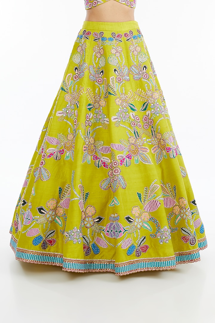 Lime Raw Silk Applique Embellished Bridal Lehenga Set by Aisha Rao at Pernia's Pop Up Shop