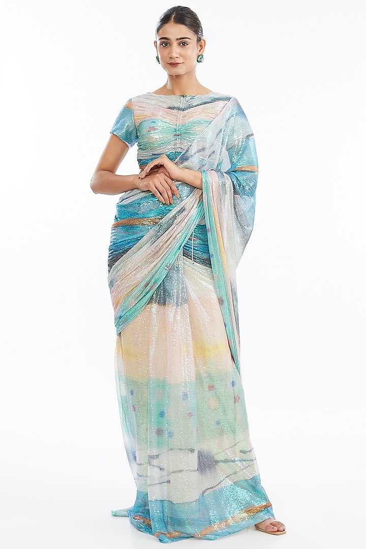 Aurora Sequins Tulle Printed Pre-Draped Saree Set by Aisha Rao