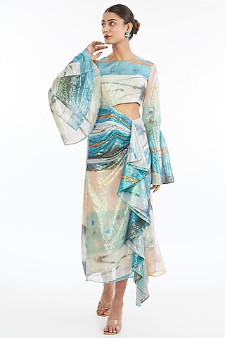 Aurora Sequins Tulle Printed Asymmetric Midi Dress by Aisha Rao
