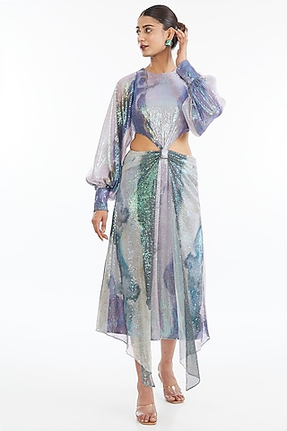 Mist Purple Sequins Tulle Printed Flowy Midi Dress by Aisha Rao