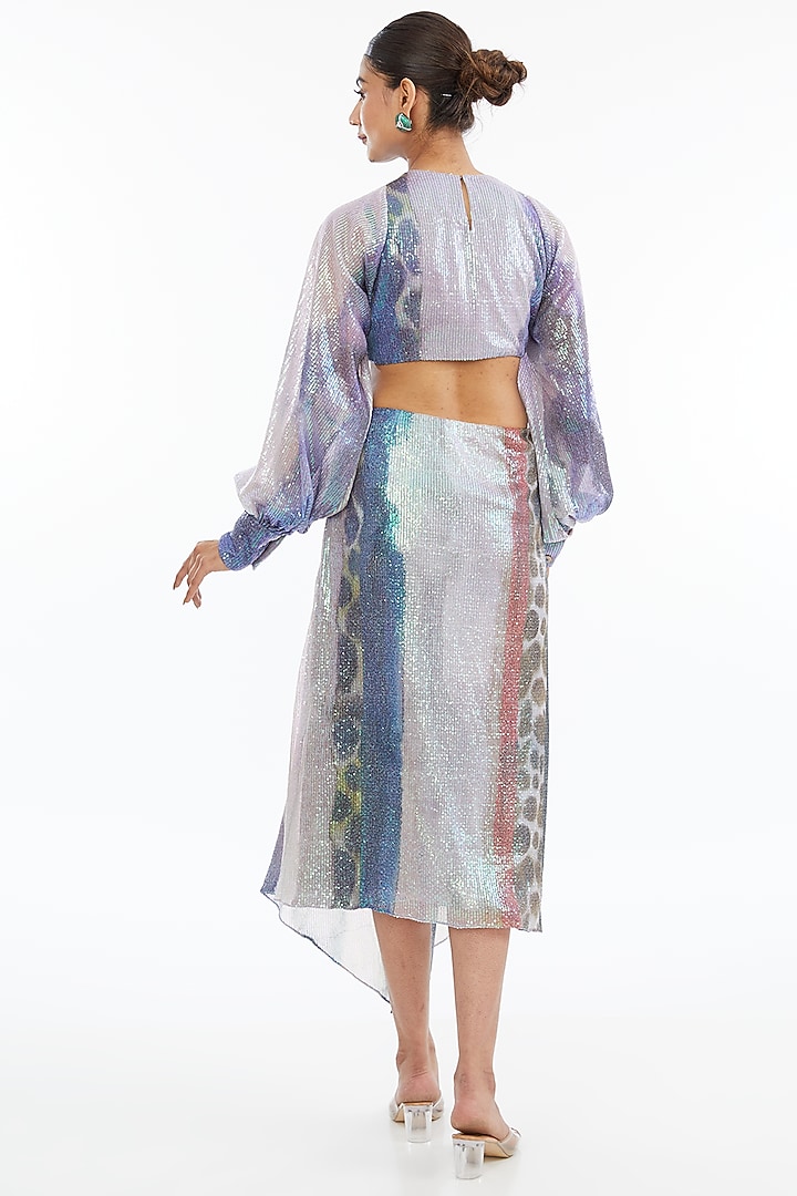 Mist Purple Sequins Tulle Printed Flowy Midi Party Wear Dress by Aisha Rao at Pernia's Pop Up Shop