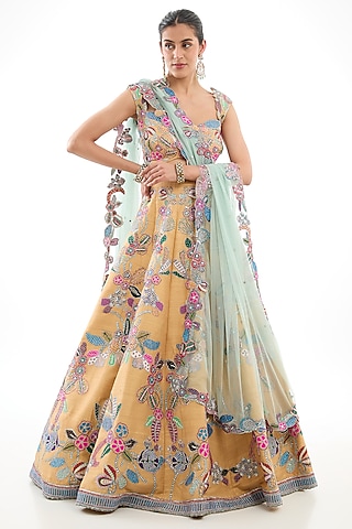 Yellow Raw Silk Applique Embellished Lehenga Set by Aisha Rao