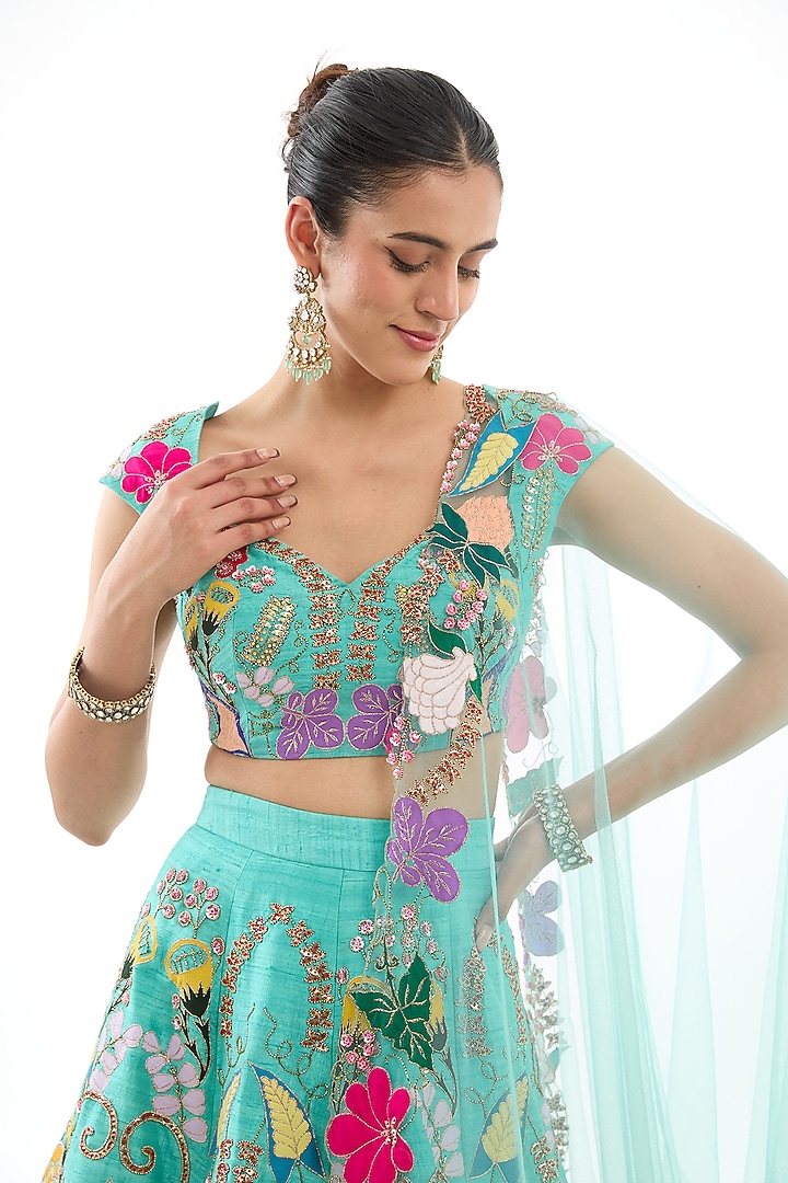 Blue Raw Silk Embellished Bridal Lehenga Set by Aisha Rao at Pernia's Pop Up Shop