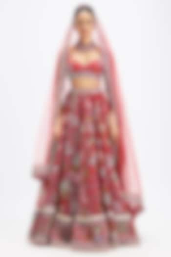 Red Organza Printed & Applique Embellished Gathered Bridal Lehenga Set by Aisha Rao at Pernia's Pop Up Shop